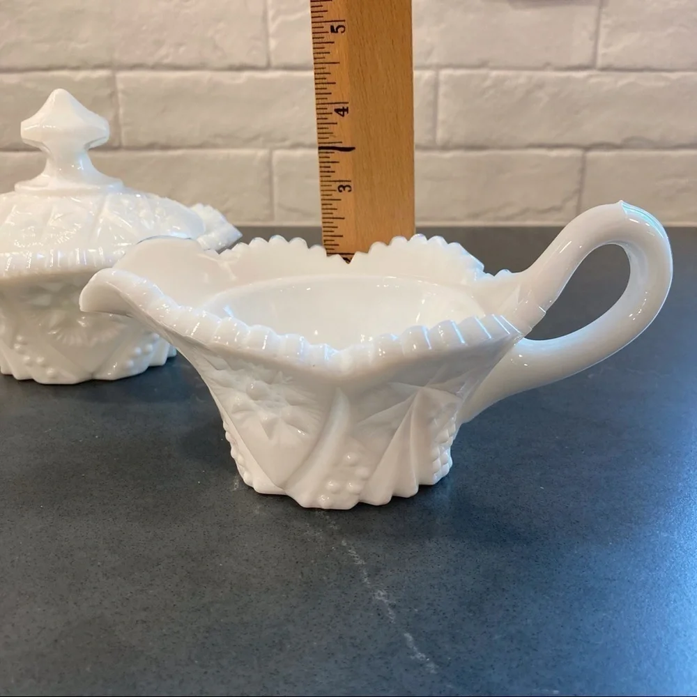 Vintage Kemple milk glass set sugar creamer cut glass set